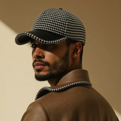 Houndstooth Leather Cap